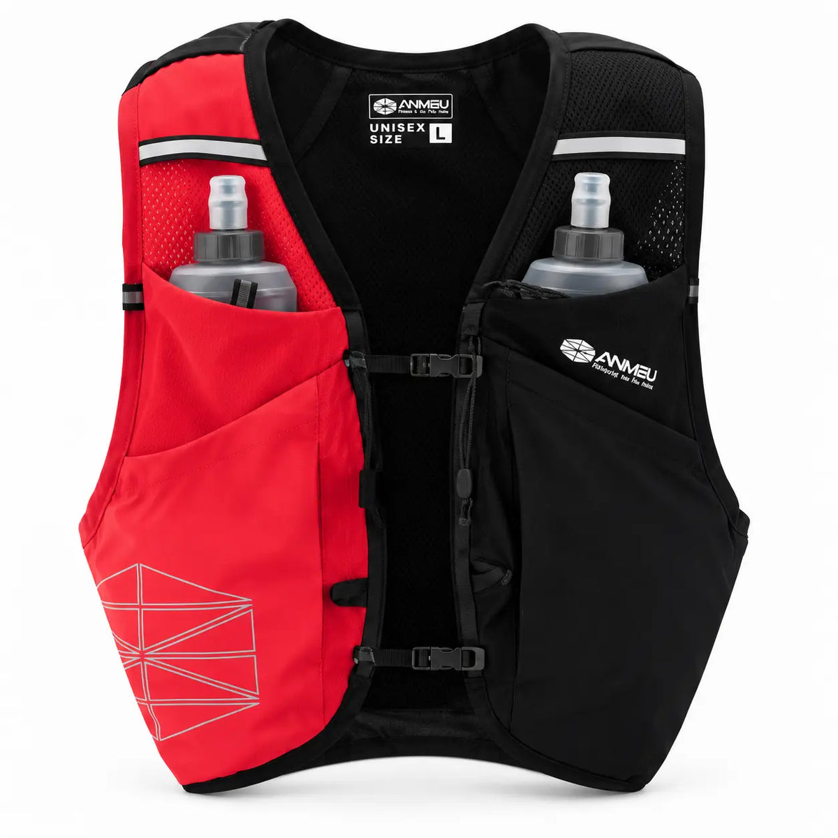 gilet d'hydratation 12L de couleur noir et rouge vue de face avec 2 flasques dans les poches 