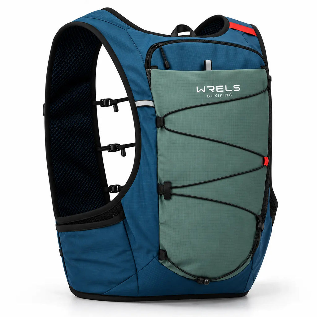 sac trail 10L bleu et verte vue de derriere en 3/4