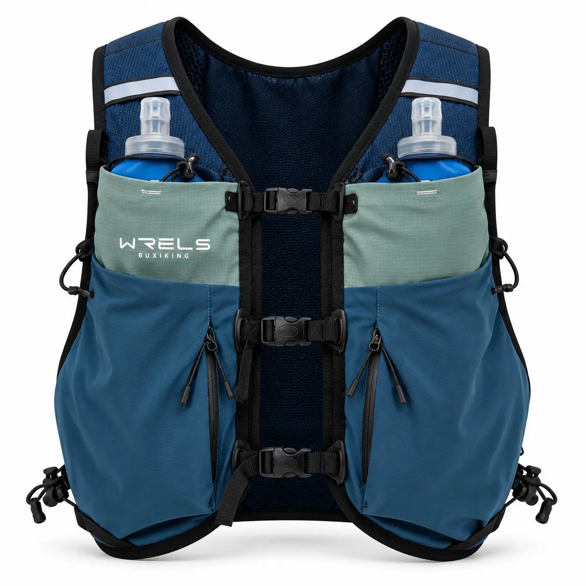 sac trail 10L bleu et verte vue de face avec 2 flasques en poche 