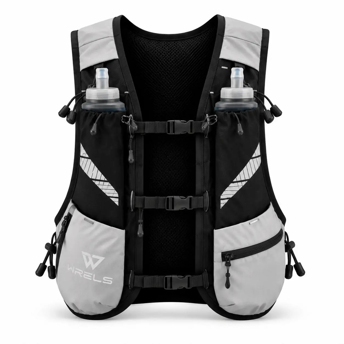 sac trail 10L multi-points de couleur gris vue de face avec flasques dans les poches 