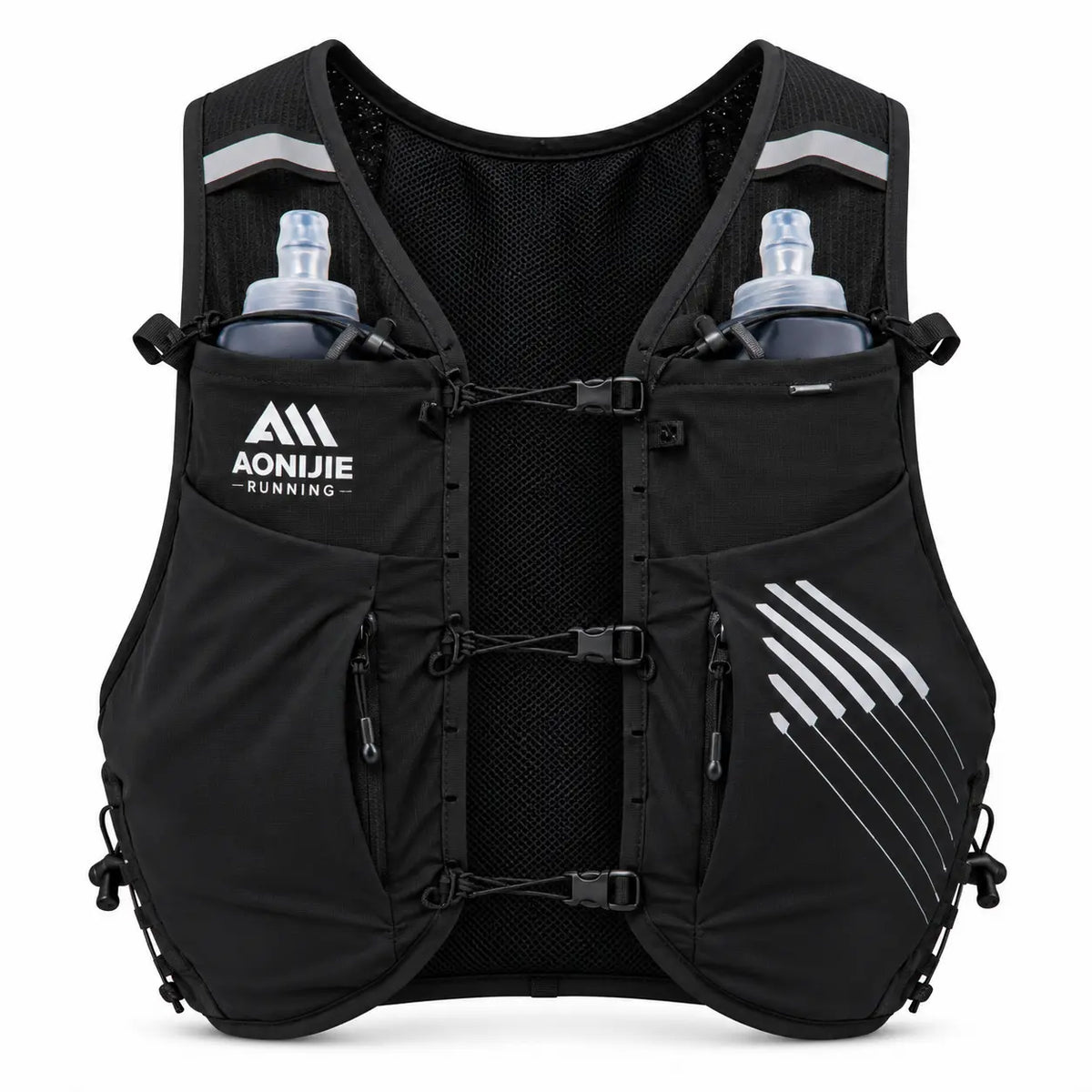 sac trail 10L porte baton de couleur noir vue de face avec 2 flasques dans chaque poches 