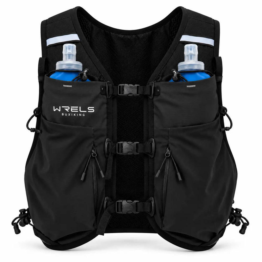 sac trail 10L noir vue de face avec 2 flasques en poche 