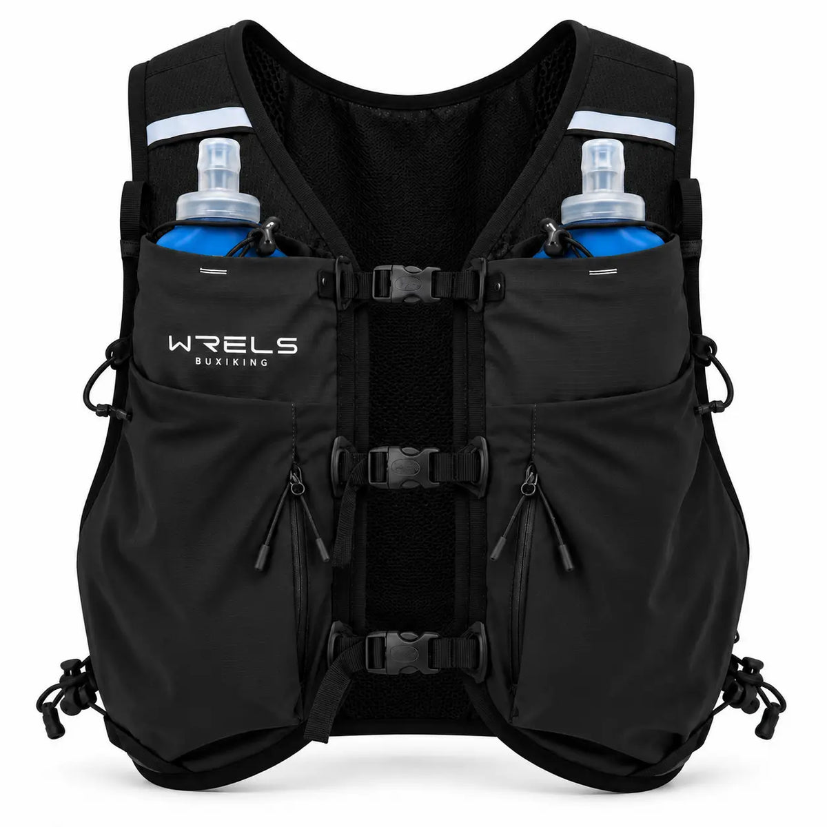 sac trail 10L noir vue de face avec 2 flasques en poche 