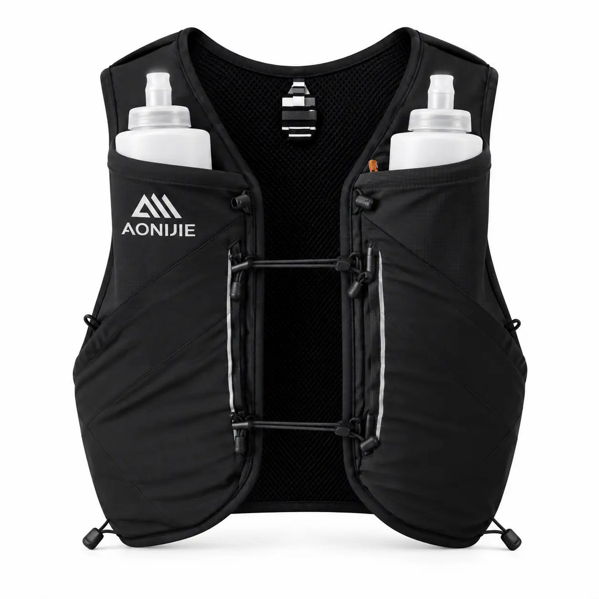 sac ultra trail 12L de couleur noir vue de face avec 2 flasques dans les poches 